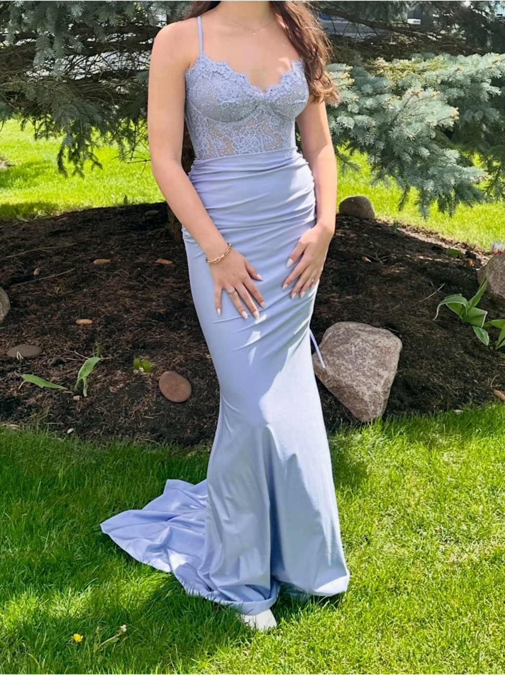 La Femme Periwinkle Lace Bodice Spaghetti Strap Gown
